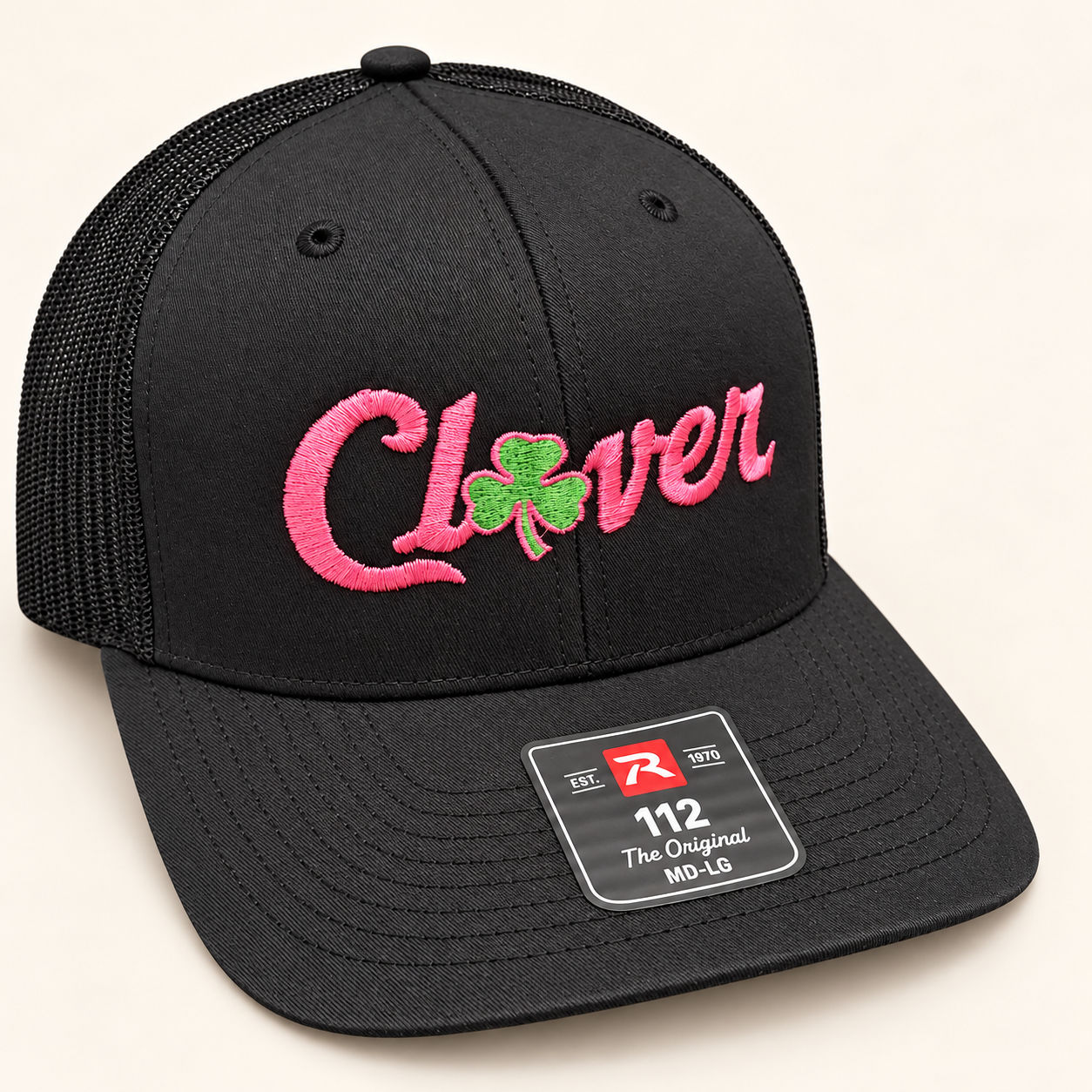 Black Richardson 112 with Black mesh · Pink Clover lettering · Small green clover · MD-LG
