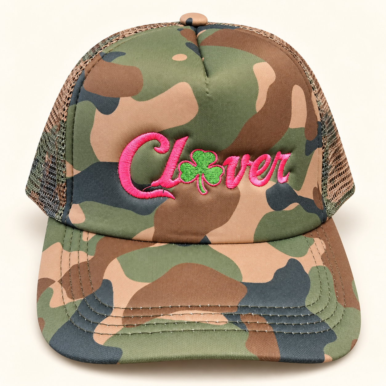 Foam Camo with Camo mesh · Pink Clover lettering · Small green clover
