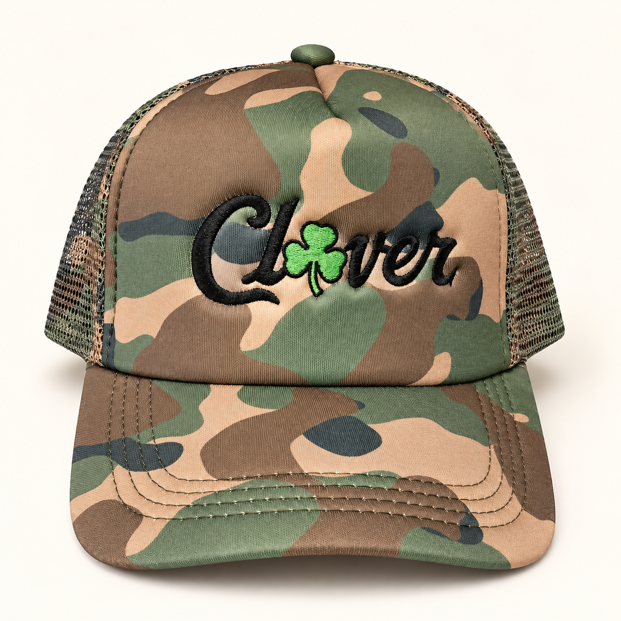 Foam Camo with Camo mesh · Black Clover lettering · Small green clover