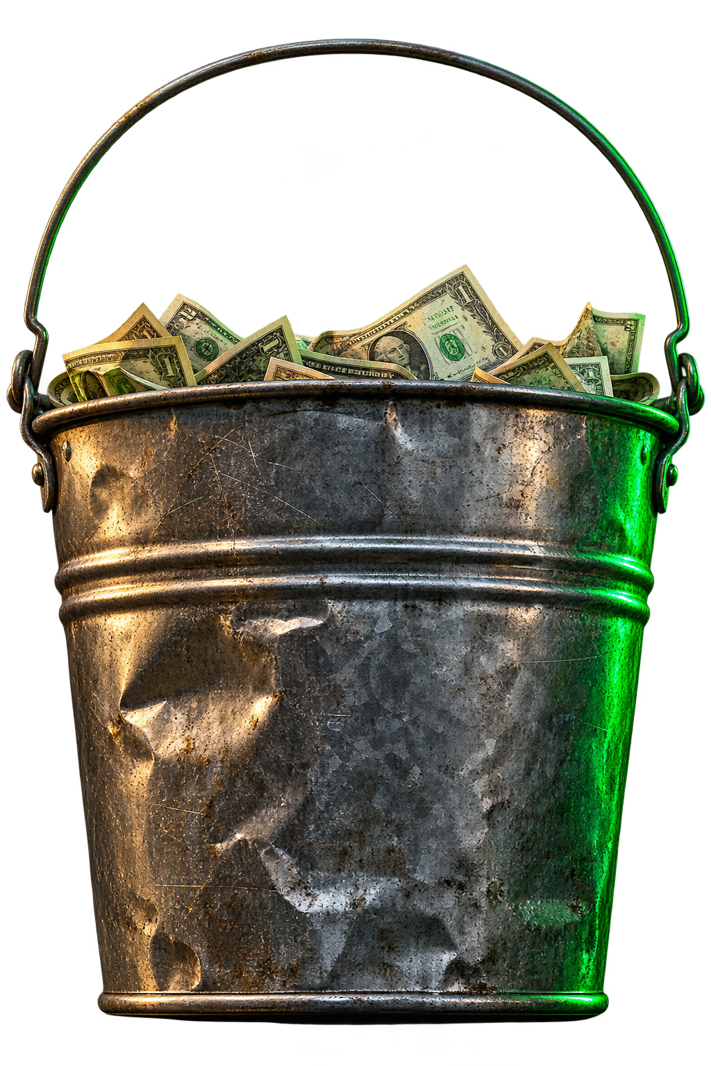 A large metal tip bucket filled with cash